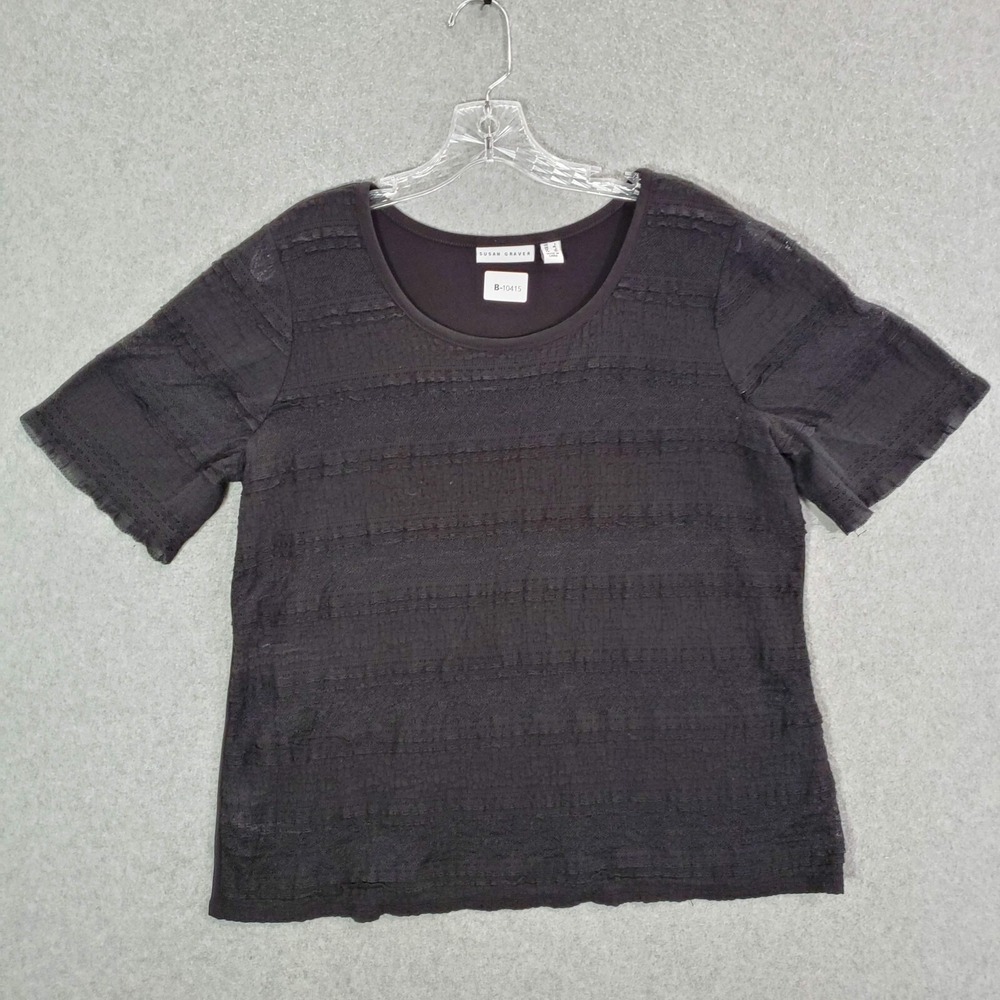 Susan Graver Women Top Large Black Lace Trim Detail Texture Minimalist